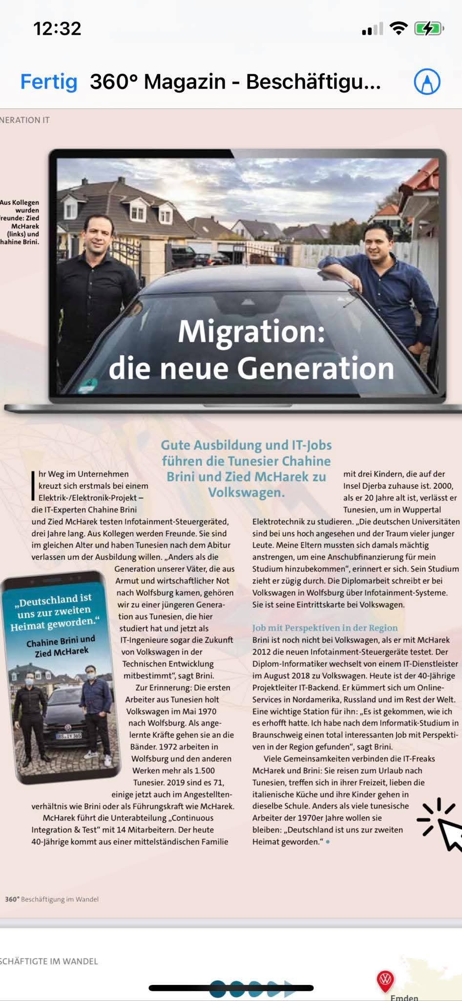 Zeitungsartikel über Chahine Brini in der Volkswagen Mitarbeiterzeitung